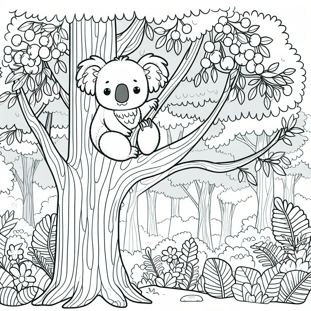 Un petit koala perché sur un arbre eucalyptus magique dans une forêt enchantée.