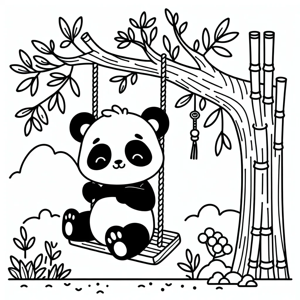 Imagine un doux ours panda se balançant sur une balançoire suspendue à un arbre en Bambou dans un jardin chinois.