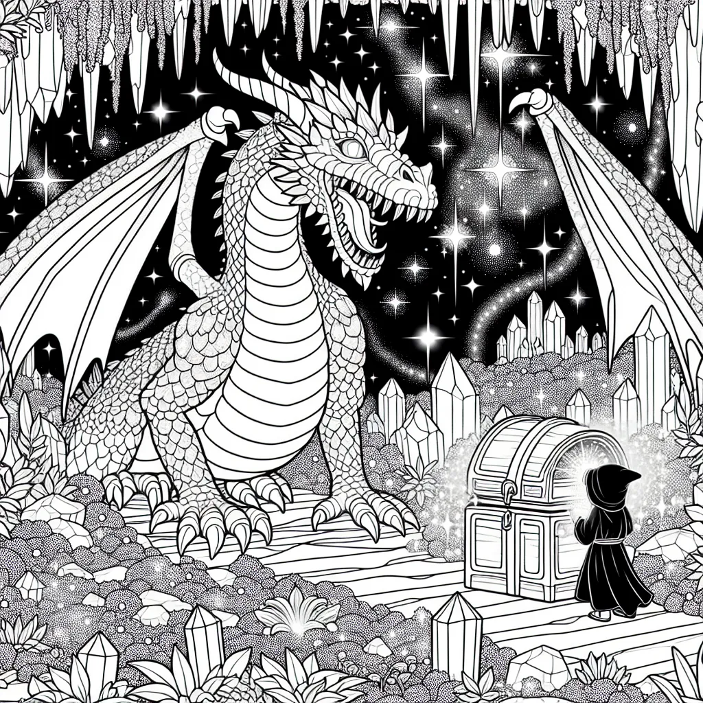 Dans un monde fantastique peuplé de créatures magiques, crée un coloriage mettant en scène un dragon géant protégeant un trésor étincelant au fond d'une grotte mystérieuse. Les environs sont remplis de plantes luminescentes et de cristaux brillants.