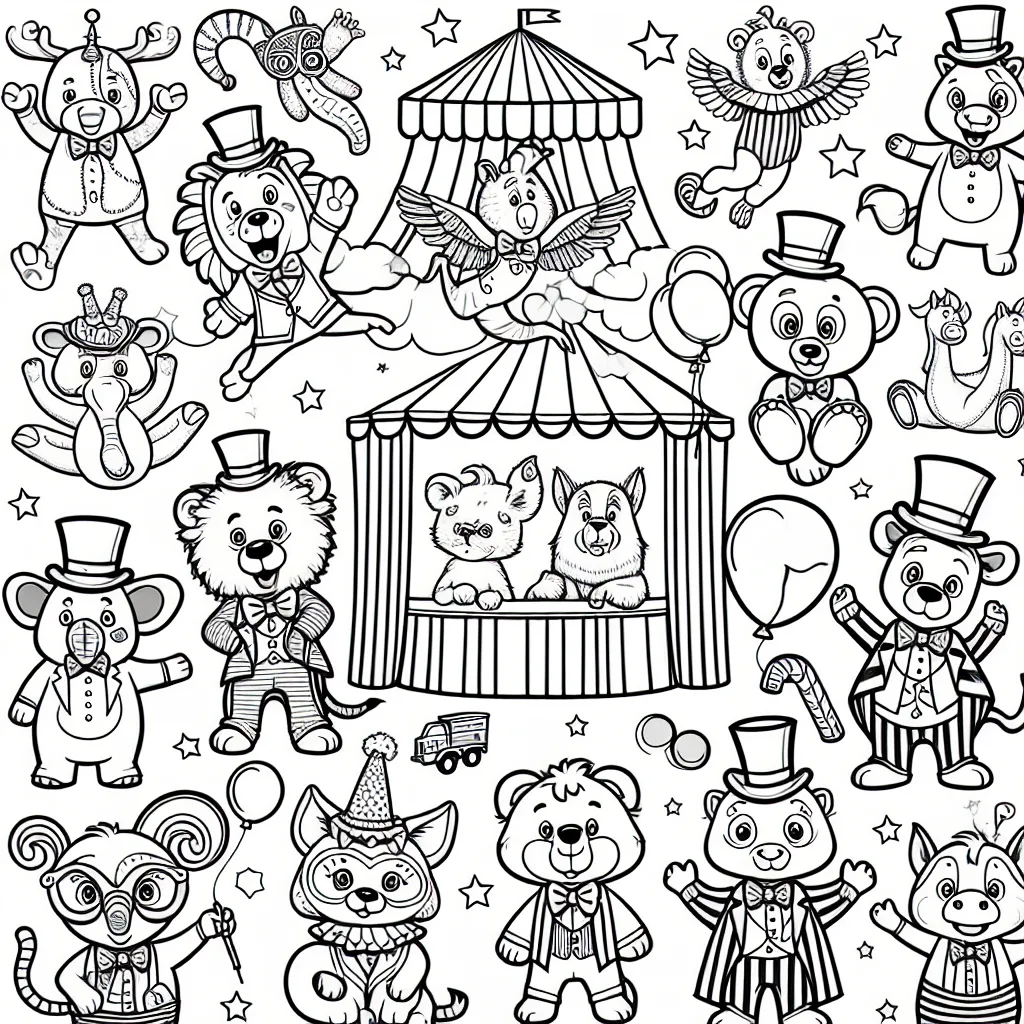 Dessine un carnaval vif et coloré avec de nombreux animaux drôles déguisés en clowns, acrobates et magiciens