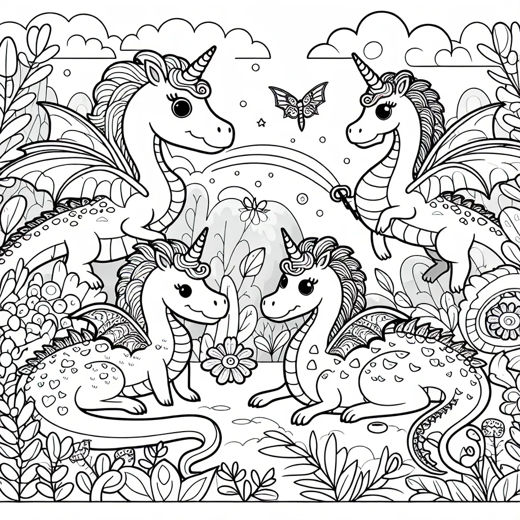 DALL-E, créez un coloriage pour enfant avec des dragons licornes dans un jardin fantastique