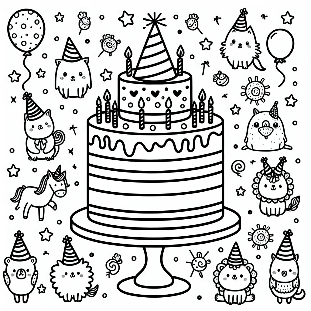 Un gâteau d'anniversaire fabuleux entouré de petits animaux festifs portant des chapeaux de fête