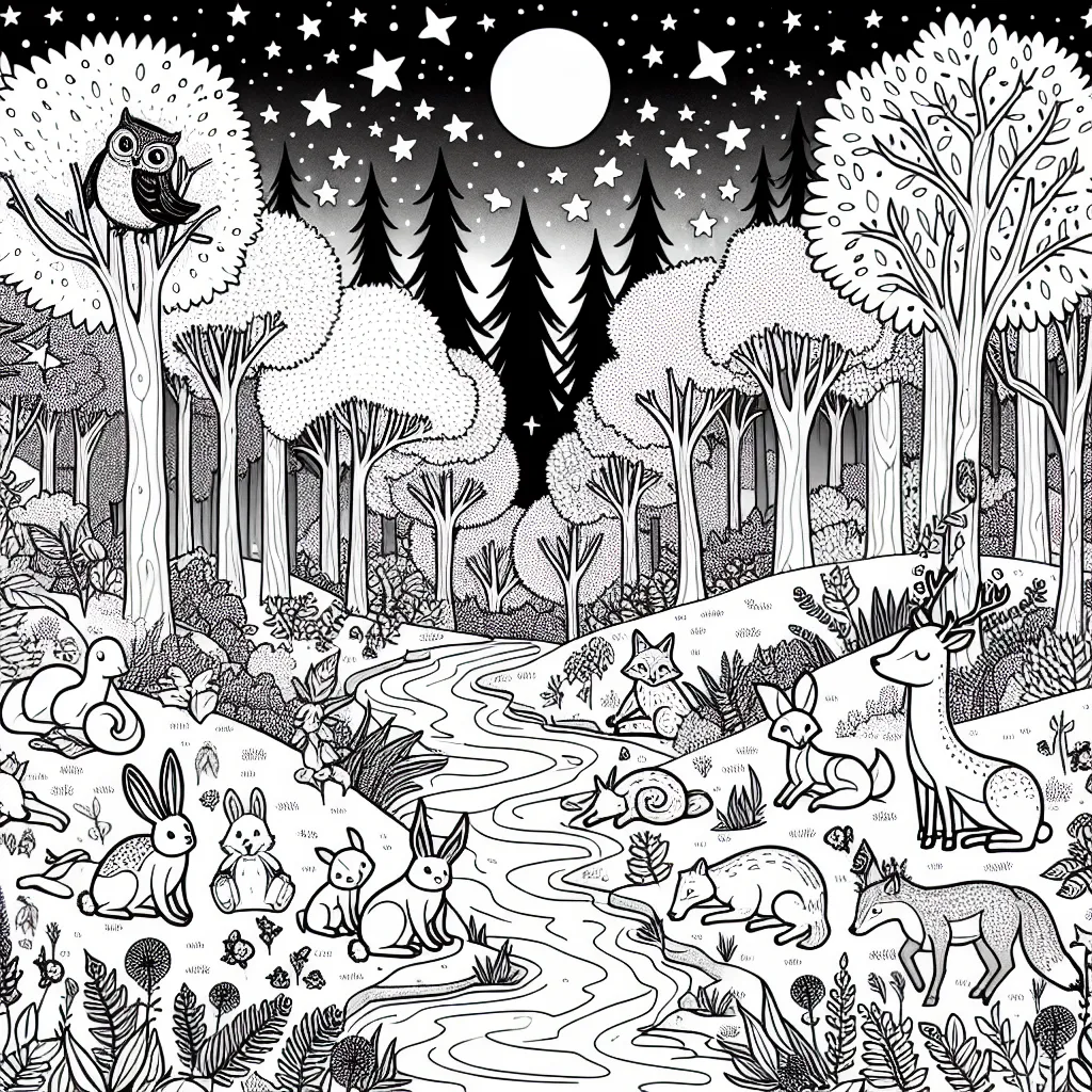 Imagine un coloriage pour enfant centré sur l'histoire magique une nuit étoilée dans la forêt avec tous les animaux autour d'un ruisseau