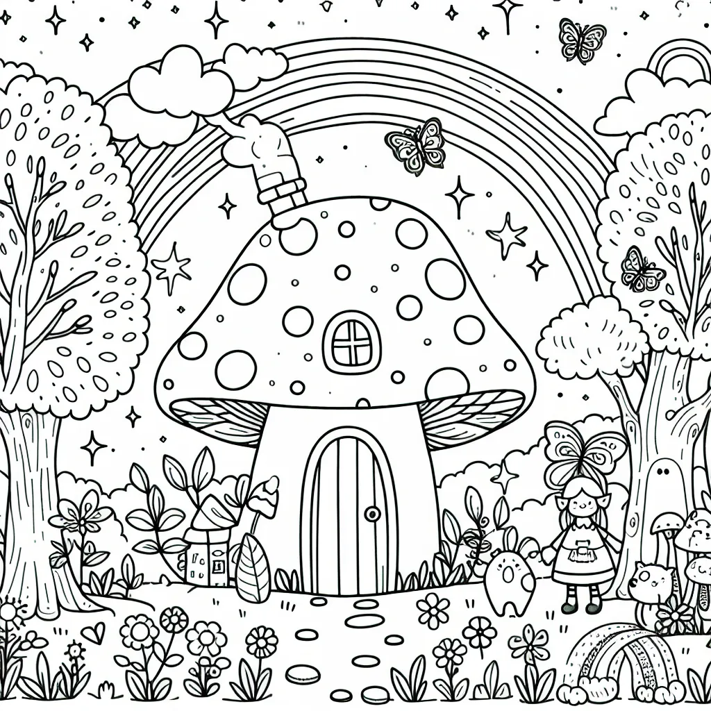 Dans une foret enchantée peuplée de fées amicales et d'animaux parlants, une petite maison en forme de champignon se dresse fierement. Dessinez ceci en ajoutant des détails comme des lumières scintillantes, des arbres aux formes imaginaires et des arcs-en-ciel dans le ciel.