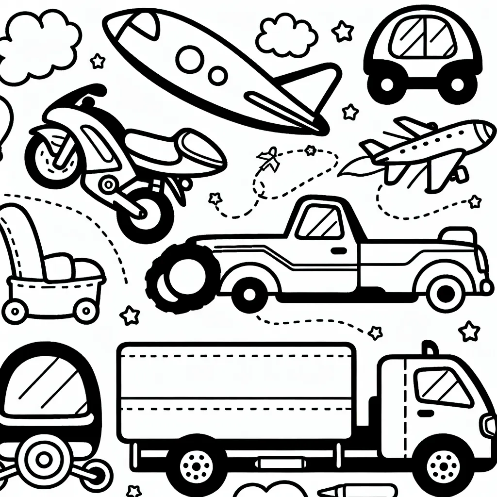 Crée un coloriage pour enfant de véhicules (moto, voiture, camion, avion)