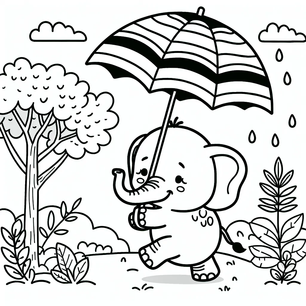 Un éléphant se promène dans la jungle avec son parapluie