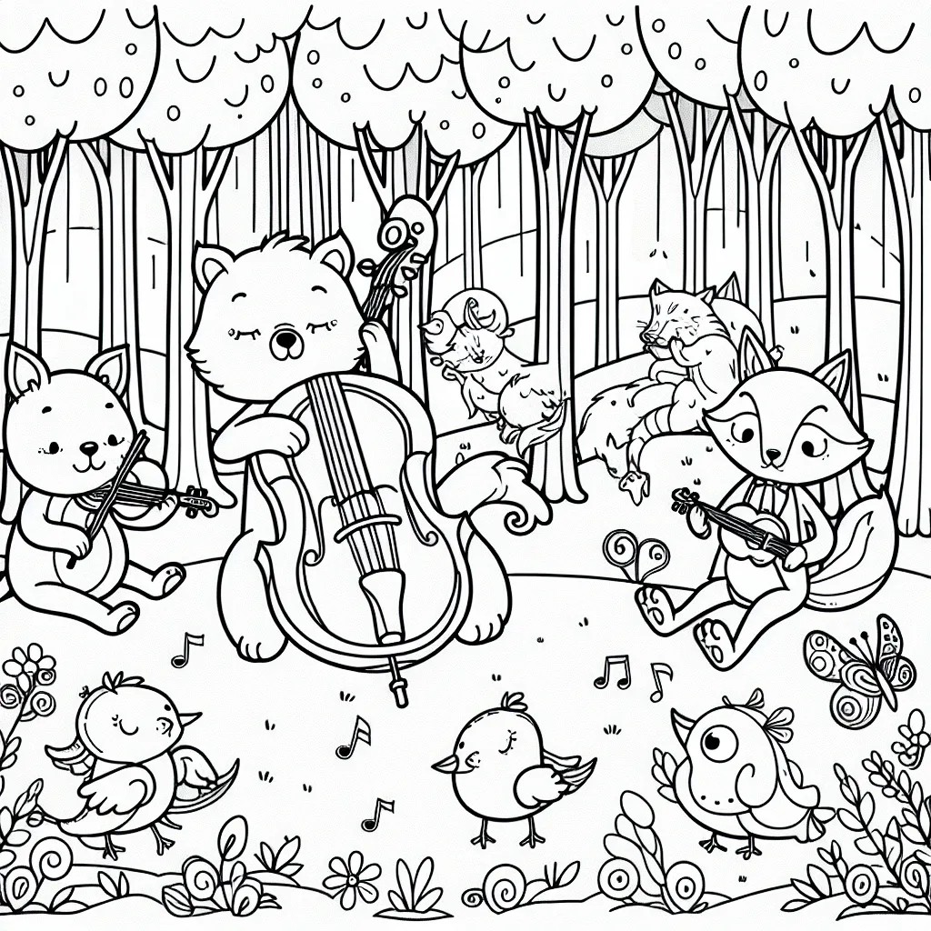 Une forêt enchantée avec des animaux de dessins animés jouant de divers instruments de musique dans une symphonie de la nature