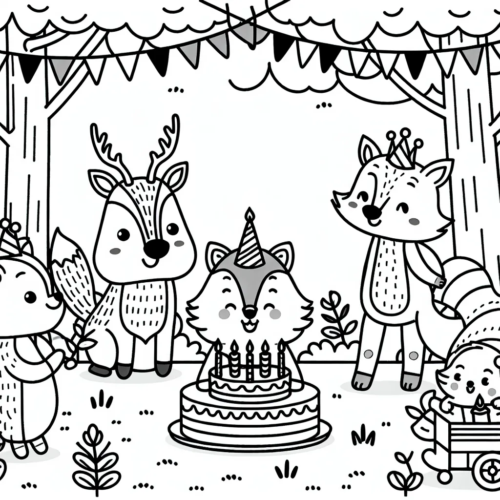 Imagine des animaux de la forêt qui organisent une fête d'anniversaire pour l'un de leur amis