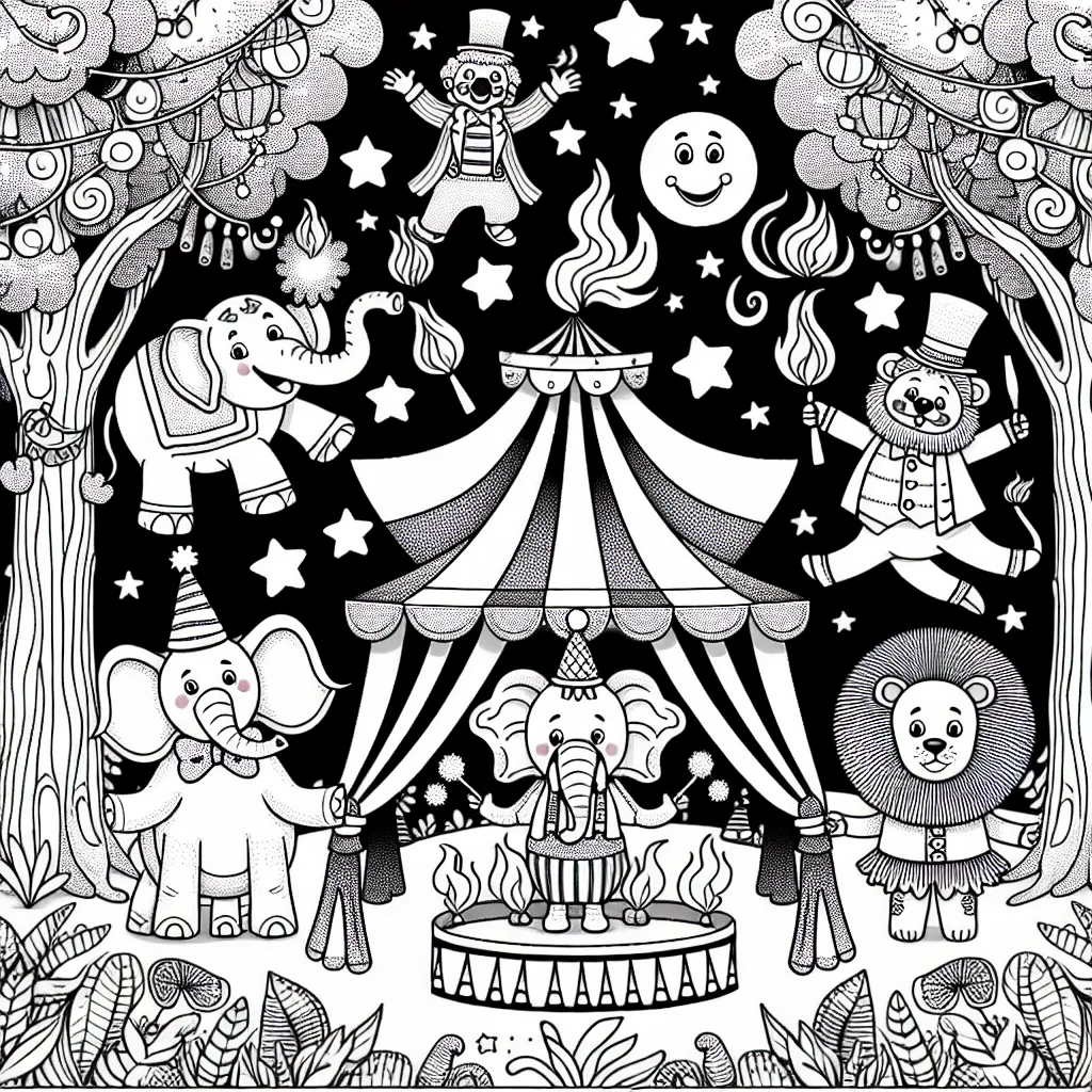 Un cirque jovial plein de personnages farfelus au milieu d'une forêt enchantée. Il y a un clown jonglant avec le feu, une éléphante danseuse étoile, un lion acrobate et un monsieur Loyal avec une énorme moustache. Les arbres ont des visages et semblent regarder le spectacle. Certaines de leurs branches soutiennent des guirlandes colorées qui serpentent tout autour du cirque.