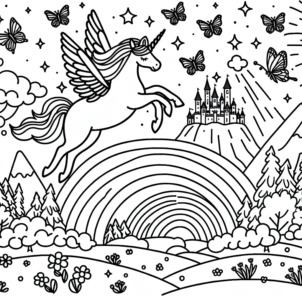 Un paysage magique avec une licorne ailée en train de sauter par-dessus un arc-en-ciel, entourée de fées minuscules et de papillons lumineux, avec un château en arrière-plan sur une montagne éloignée.