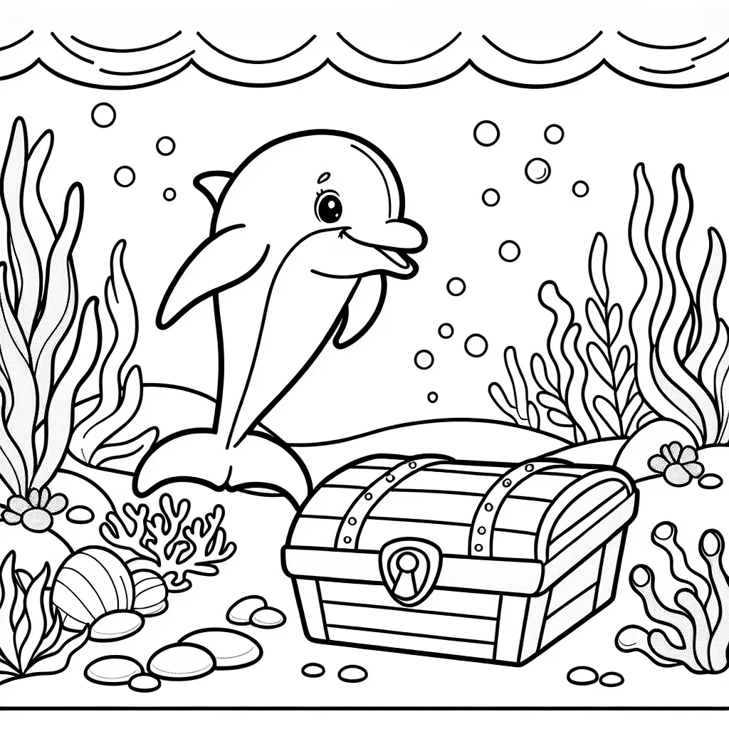 Ramène à la vie les merveilles de l'océan en coloriant cette scène sous-marine avec un dauphin joyeux et un trésor englouti !