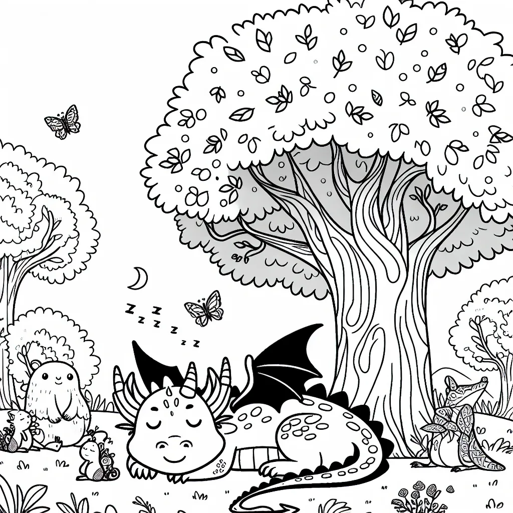 Un gentil dragon dormant paisiblement sous un arbre enchanté, entouré de créatures magiques de la forêt
