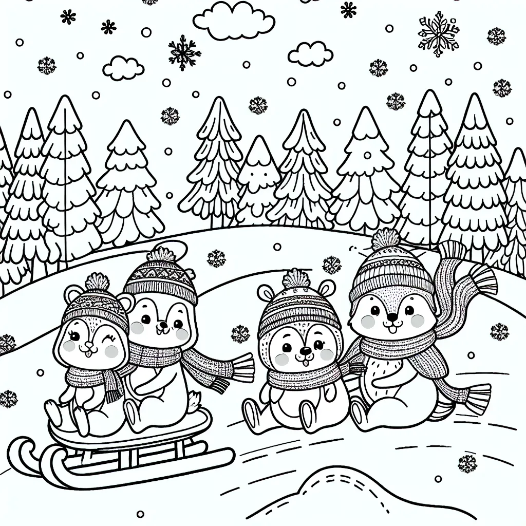 Crée un paysage hivernal magique avec une bande de joyeux animaux de la forêt habillés de chapeaux et d'écharpes colorés pendant qu'ils font de la luge et se jettent des boules de neige.