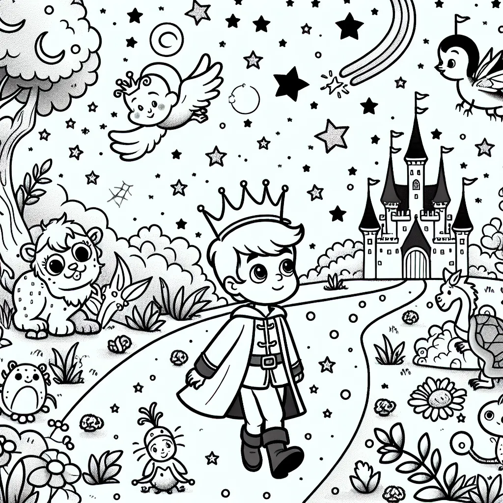 Un petit prince parcourt un royaume peuplé de créatures magiques sous un ciel nocturne parsemé d'étoiles filantes