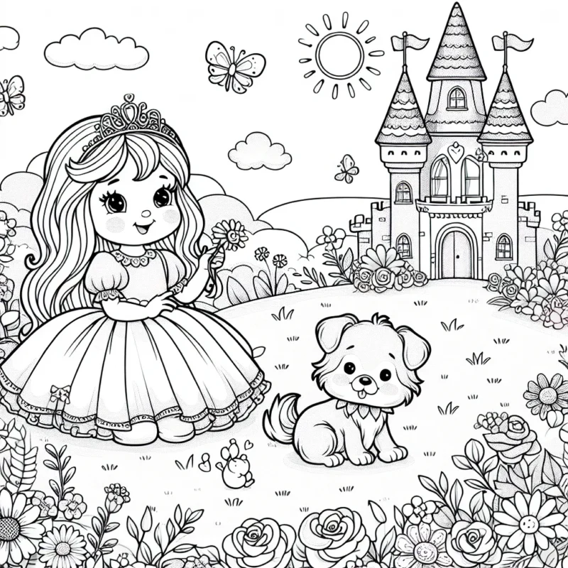 Un après-midi ensoleillé, une petite princesse aux longs cheveux bruns joue avec son adorable petit chiot à côté de son château rose et violet. Autour d'elle, un magnifique jardin foisonnant de roses, de marguerites et de tournesols.