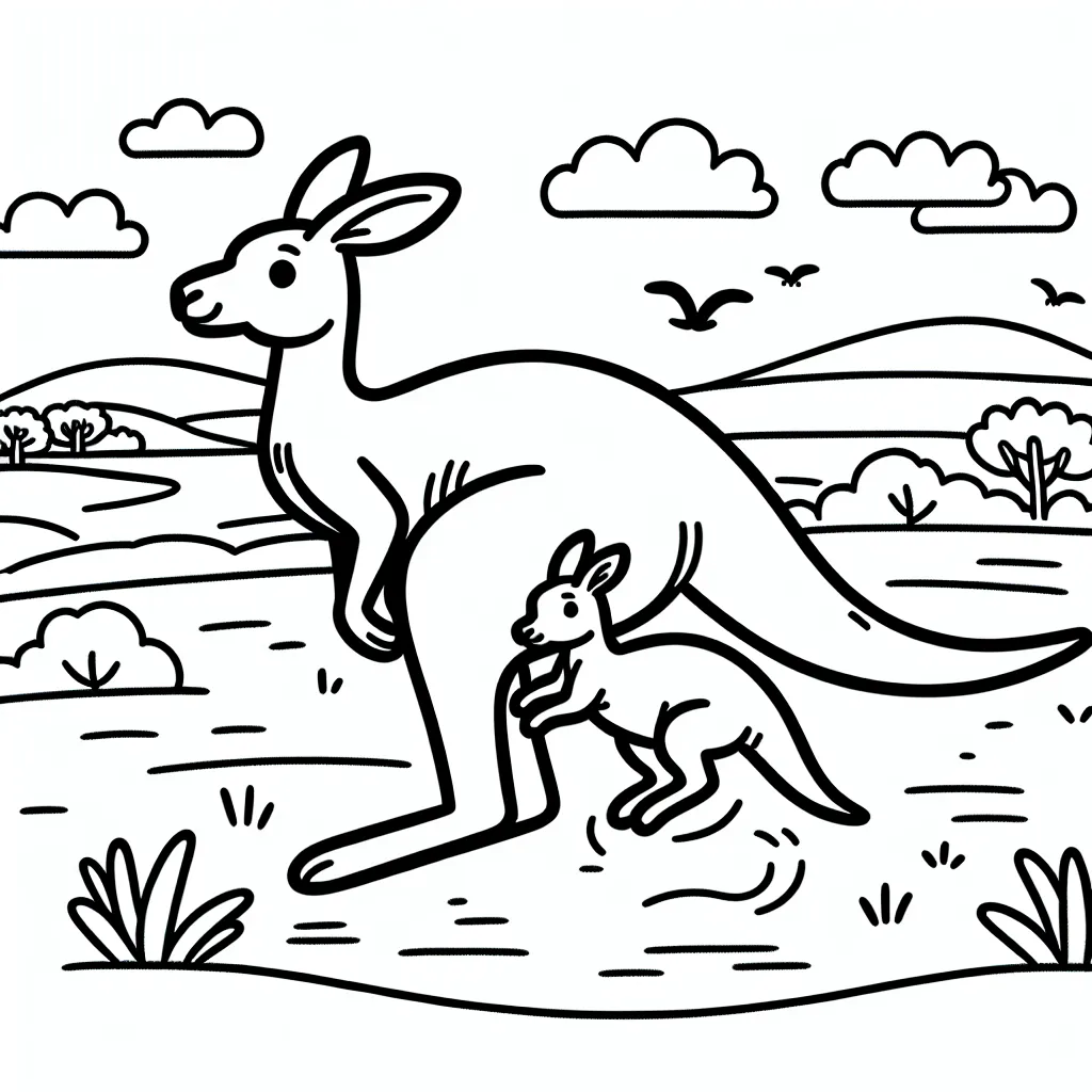 Une scène d'un kangourou bondissant dans la plaine australienne, avec un bébé kangourou dans sa poche