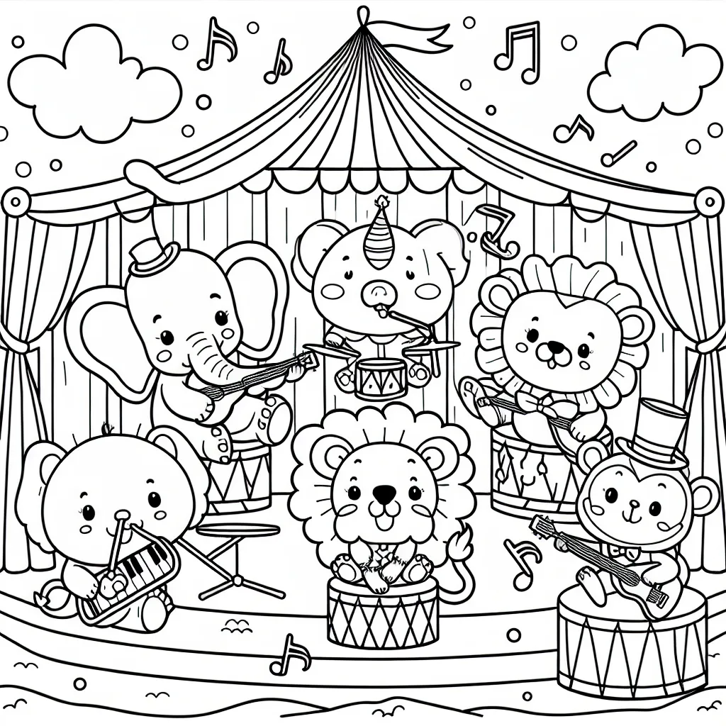 Un cirque joyeux où les animaux jouent des instruments de musique