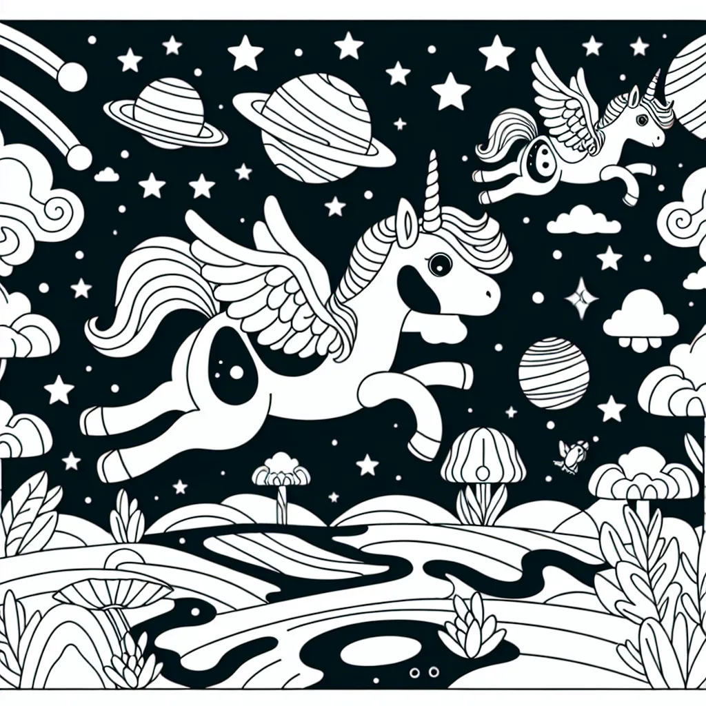 Créez un coloriage fantastique avec des licornes volantes dans un paysage extraterrestre