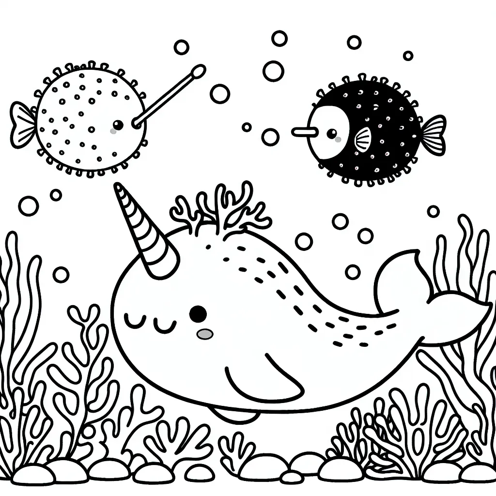 Imagine un monde sous-marin avec un narval jouant avec des poissons ballon.