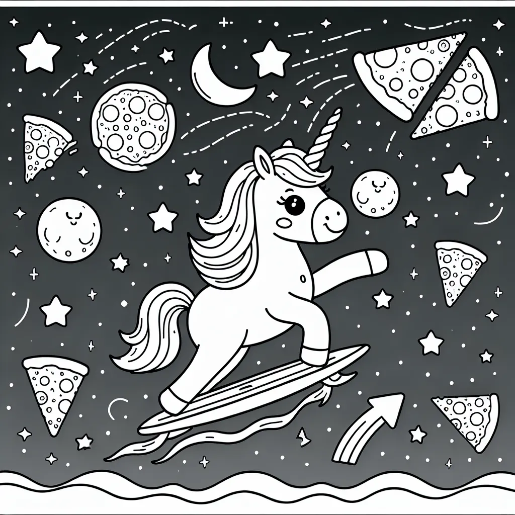 DALL-E, crée un coloriage pour enfant avec des licornes surfant sur des pizzas dans l'espace