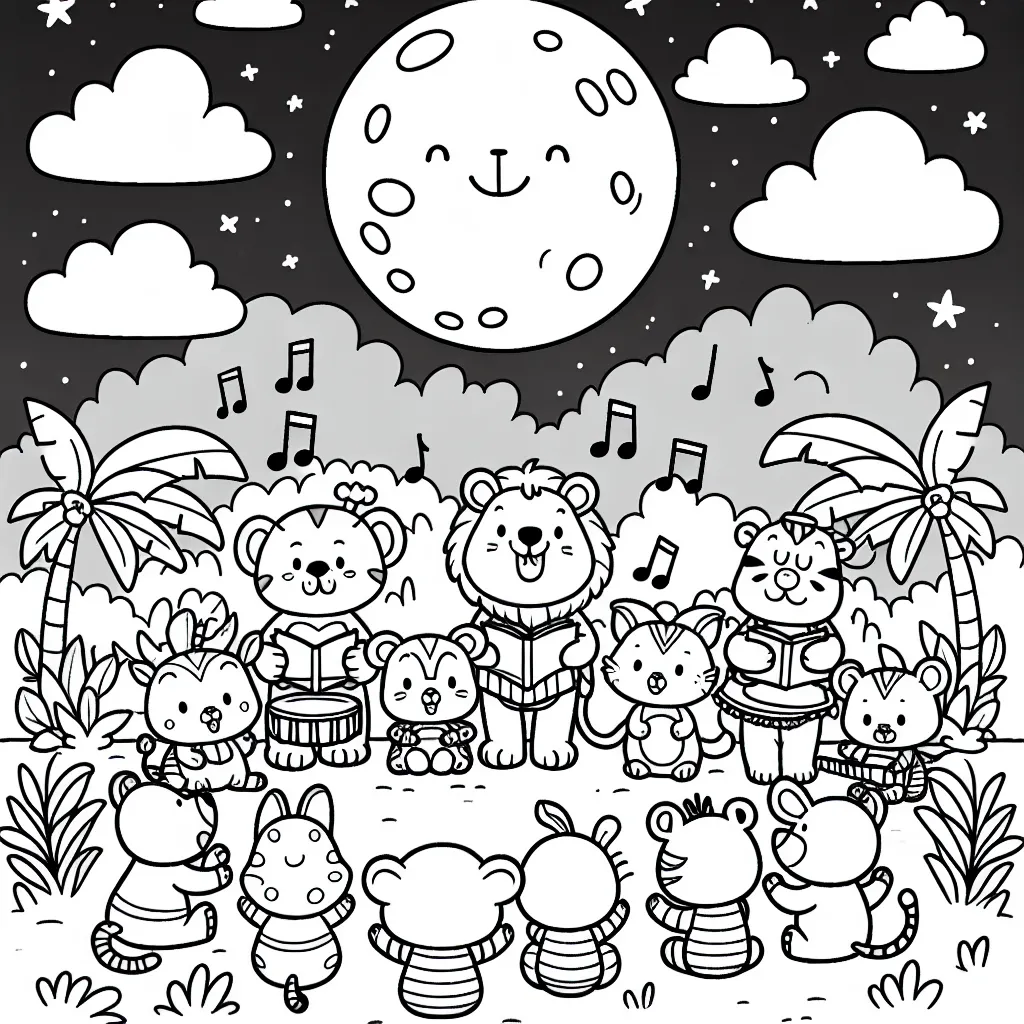 Un groupe de joyeux animaux de la jungle organisant un concert sous la lueur de la pleine lune.