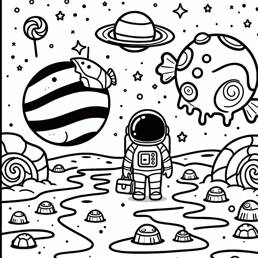 Un petit astronaute explorant une planète remplie de bonbons géants et de rivières de chocolat