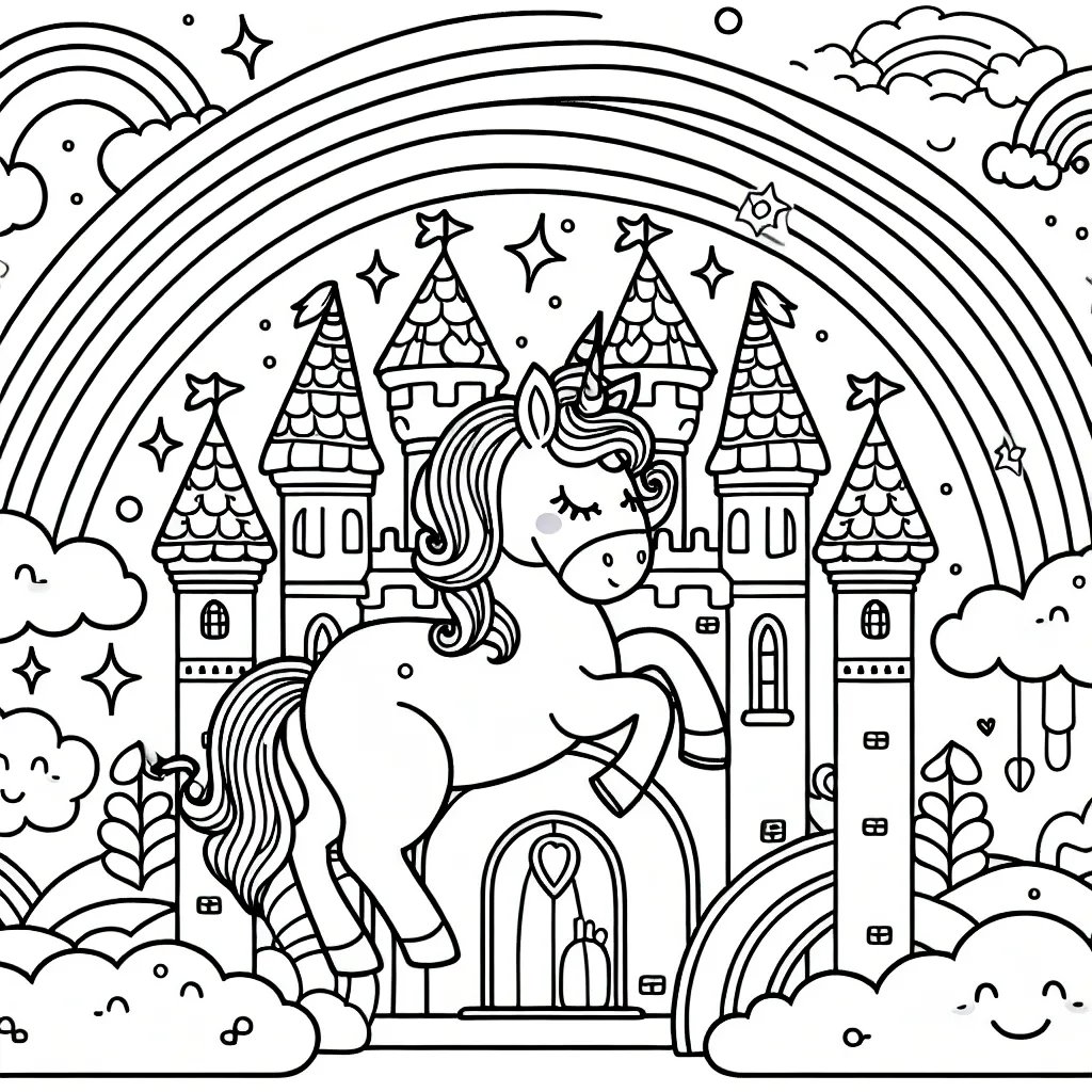 DALL-E, crée un coloriage pour enfant avec des licornes magiques dans un château enchanté entouré d'arc-en-ciels et de nuages moelleux.