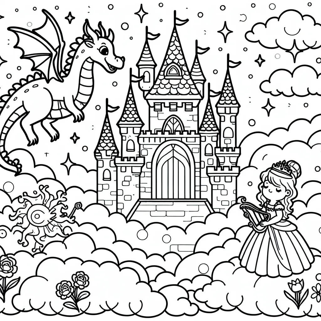 Un château enchanteur flottant parmi les nuages avec un dragon ami et une princesse qui joue de la harpe.