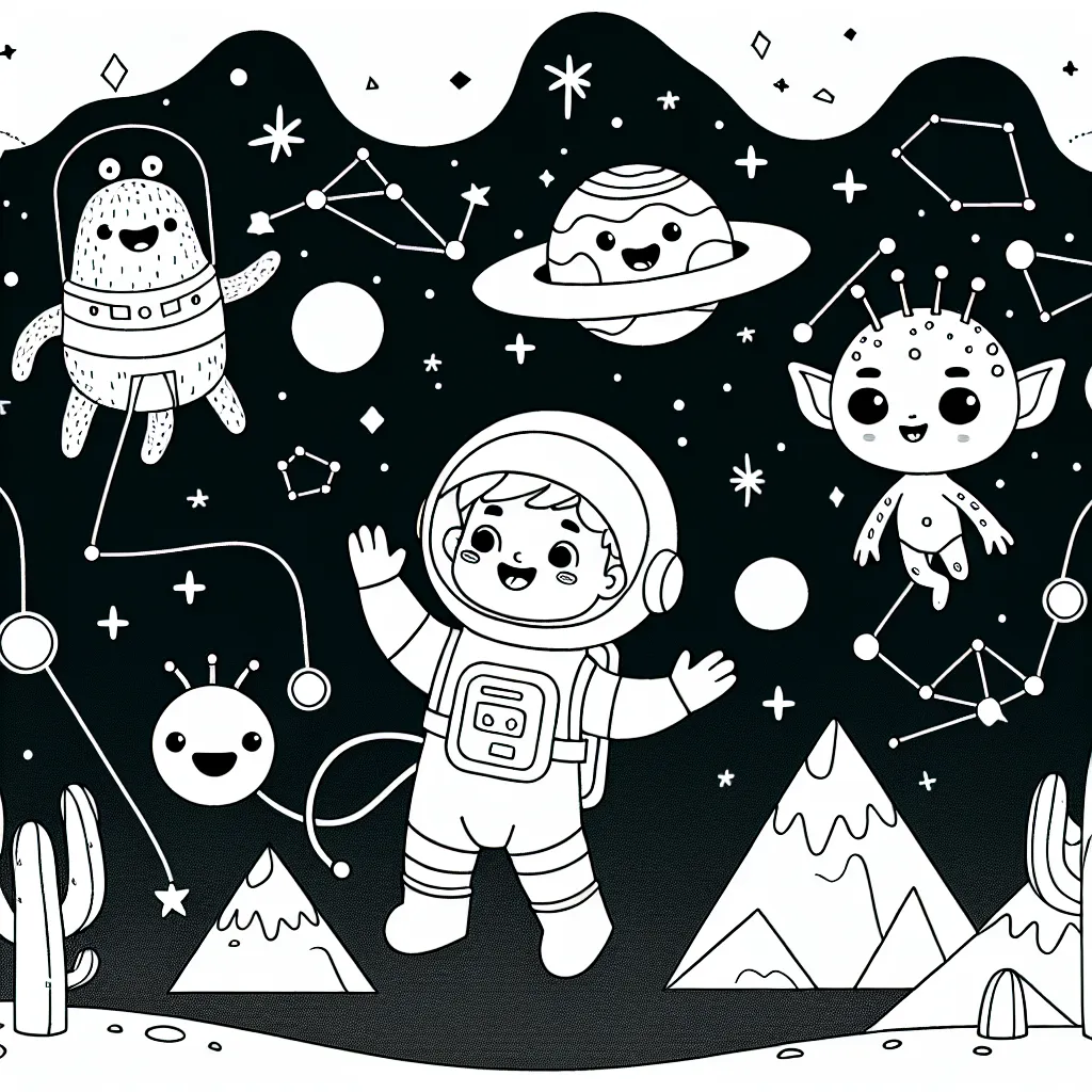 Un petit astronaute jovial flottant autour d'une planète de glace avec des extraterrestres amicaux et une constellation de formes géométriques dans le ciel.