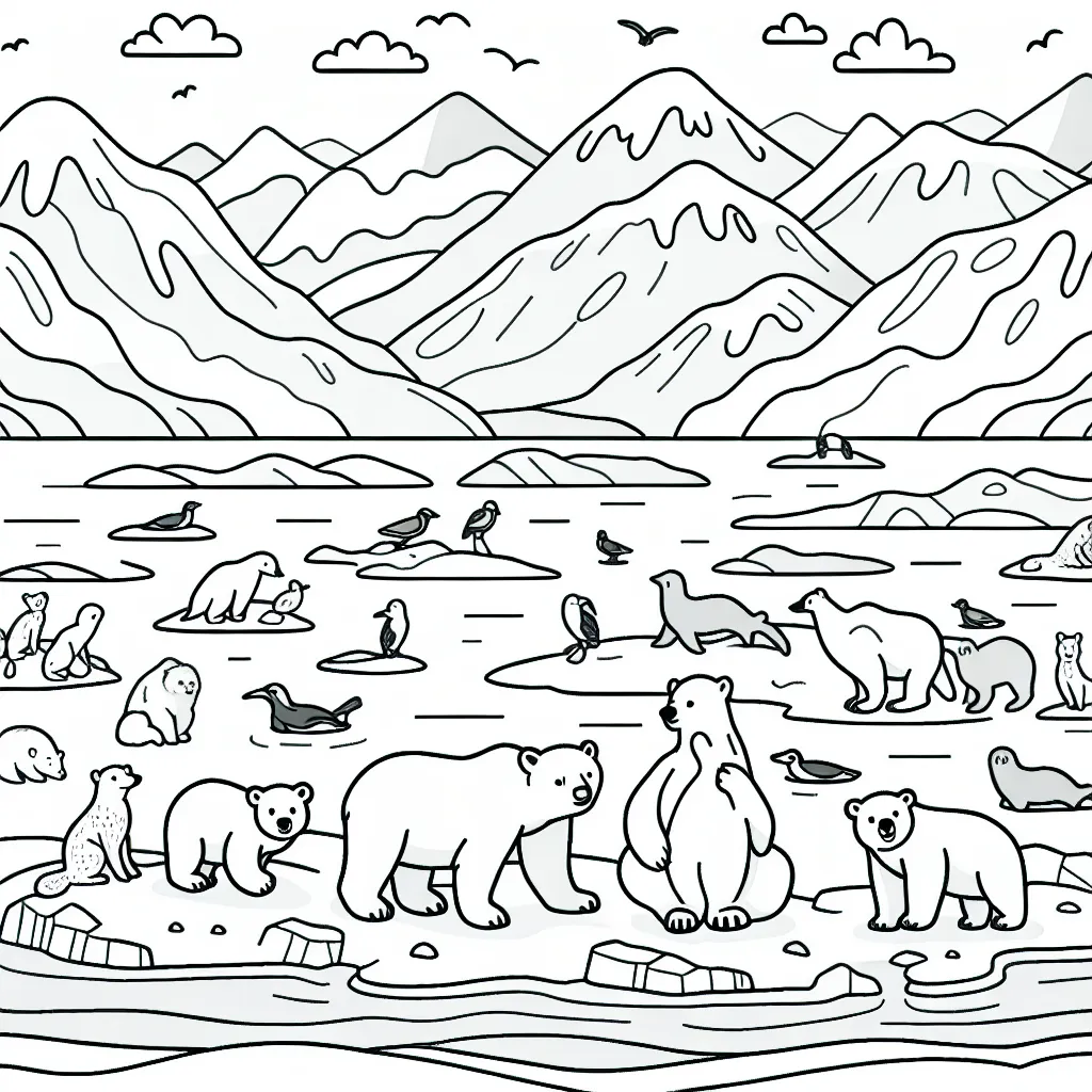 Regarde ce joli dessin de la banquise avec tous ses habitants ! Peux-tu le colorier en utilisant les bonnes couleurs pour chaque animal et élément de cette scène gelée?