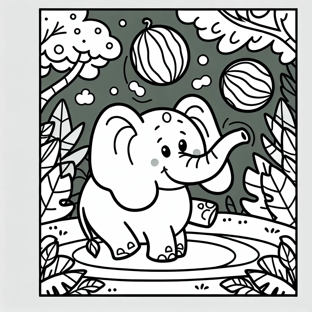 Un éléphant jonglant avec des pastèques dans la jungle