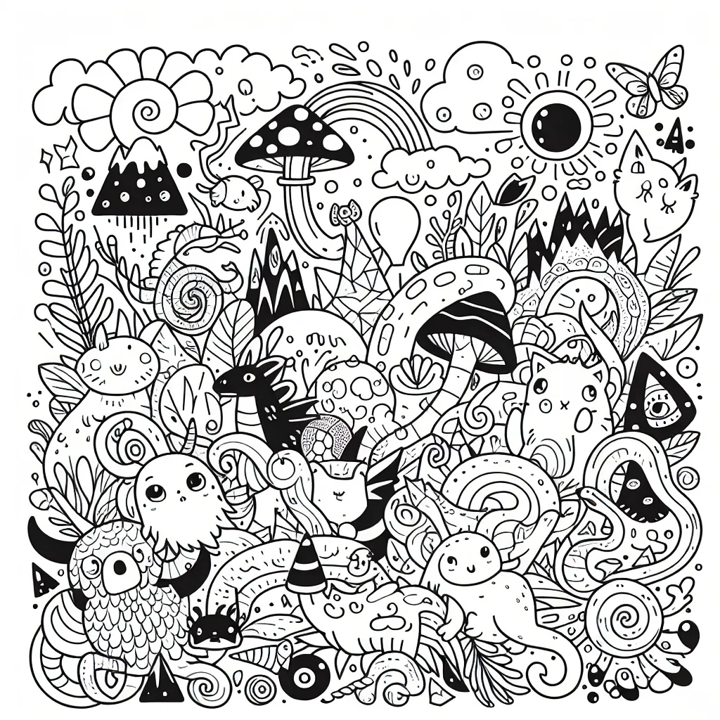 A creative and colorful random children's coloring page featuring a mix of animals, objects, and fantasy elements.