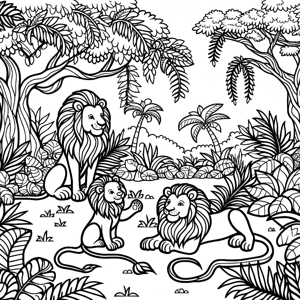 Un paysage de jungle avec une famille de lions