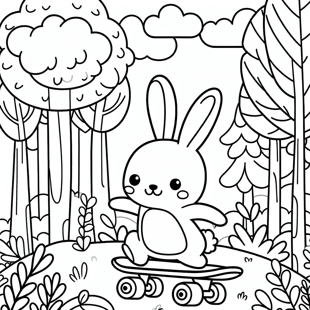 Le petit lapin sur son skateboard dans la forêt enchantée