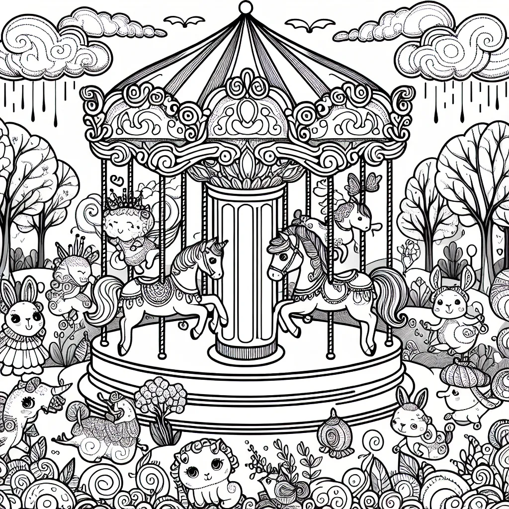 Un carrousel féerique rempli de créatures magiques dans un parc enchanté