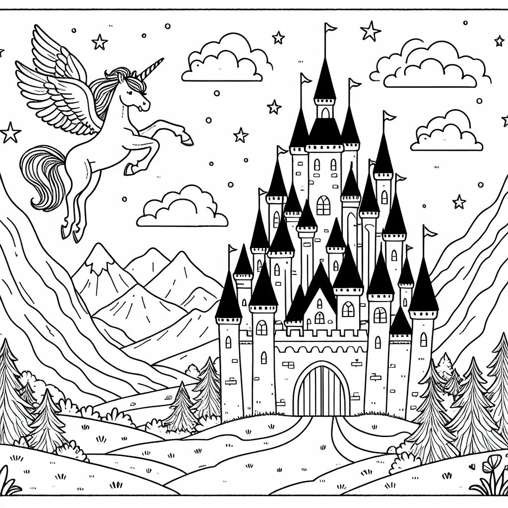 Un château fantastique au milieu des montagnes avec des licornes volantes