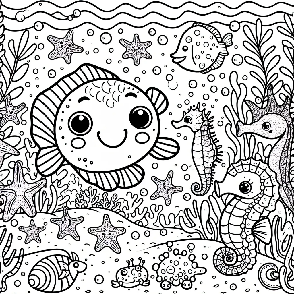 Un petit poisson jovial nageant à travers une forêt sous-marine féerique, entouré par des créatures marines merveilleuses comme les étoiles de mer souriantes, les hippocampes curieux et les crabes espiègles.