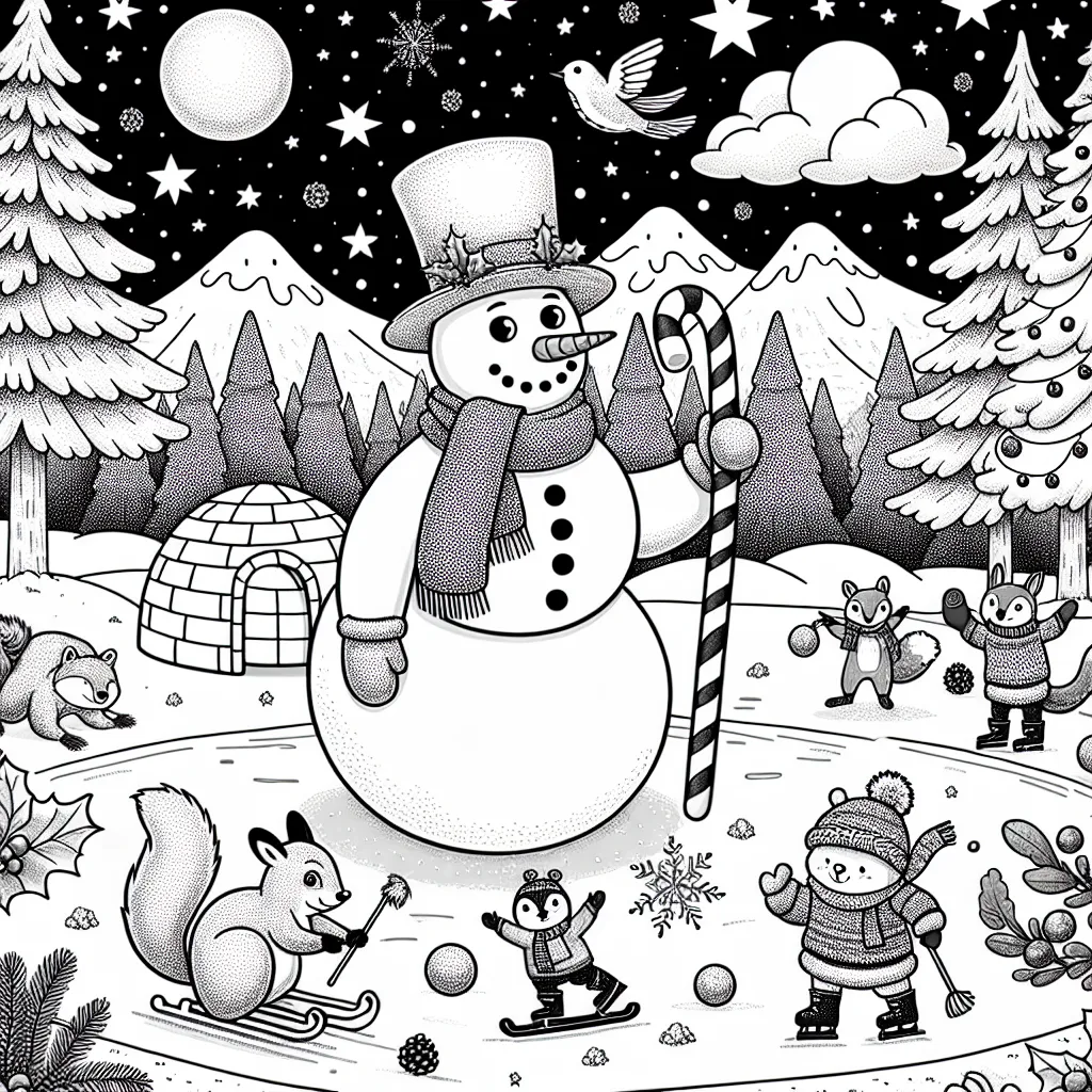 Imagine un paysage d'hiver fantastique avec un grand bonhomme de neige portant un haut-de-forme, une écharpe et des bottes en fourrure. Il tient une canne à sucre comme bâton. Tout autour de lui, des animaux de la forêt jouent dans la neige. Il y a un renard roux qui fait du patin à glace, des écureuils qui lancent des boules de neige, un lapin qui construit un petit igloo et des oiseaux qui décorent un sapin de Noël avec des baies et du houx. En arrière-plan, une montagne enneigée soutient le magnifique ciel étoilé.
