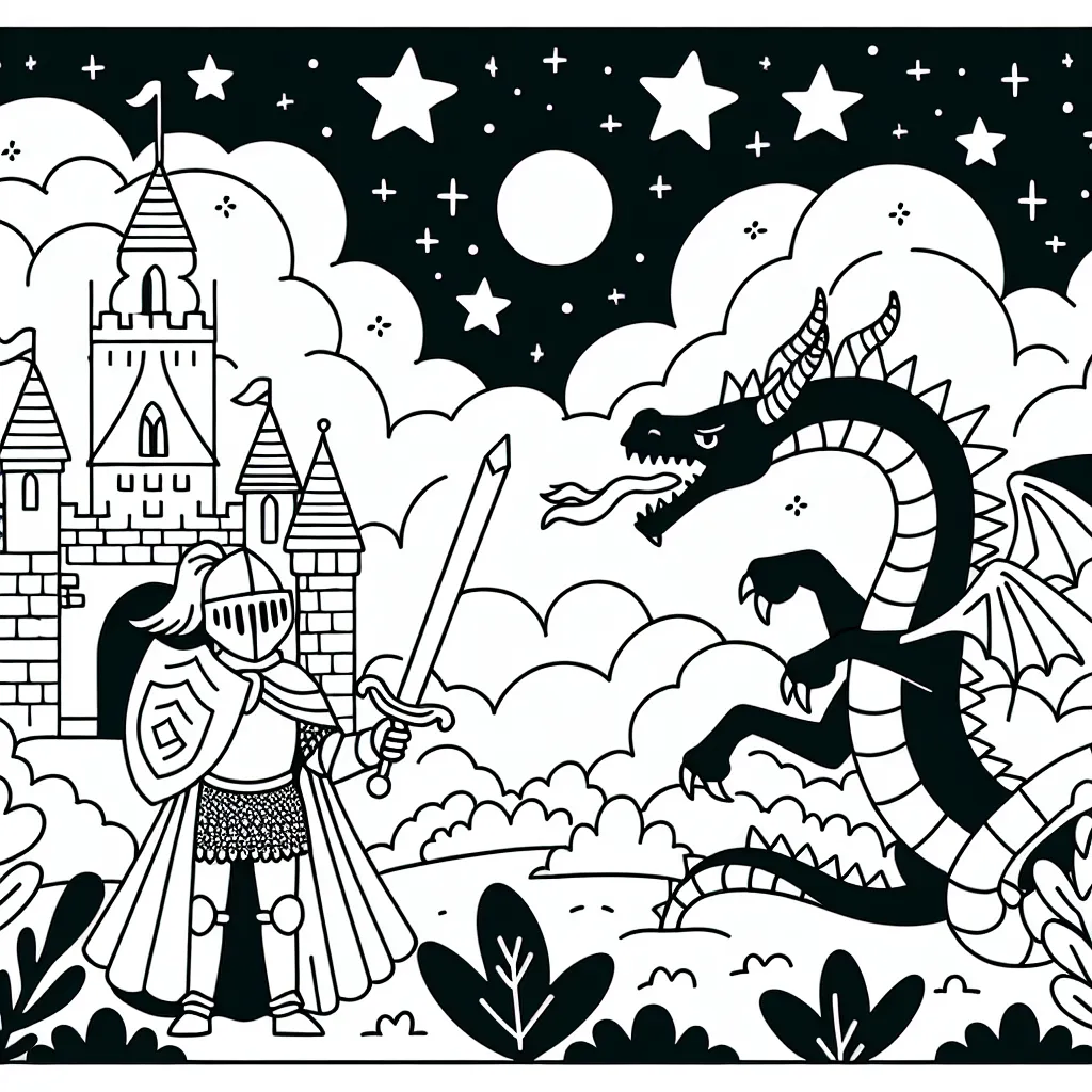 Un chevalier courageux protégeant un château enchanteur contre un dragon effrayant sous un ciel étoilé