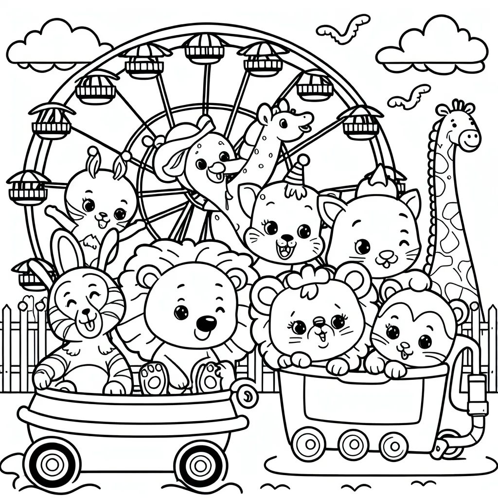 Un dessin où un groupe d'animaux du zoo s'amuse dans un parc d'attractions.