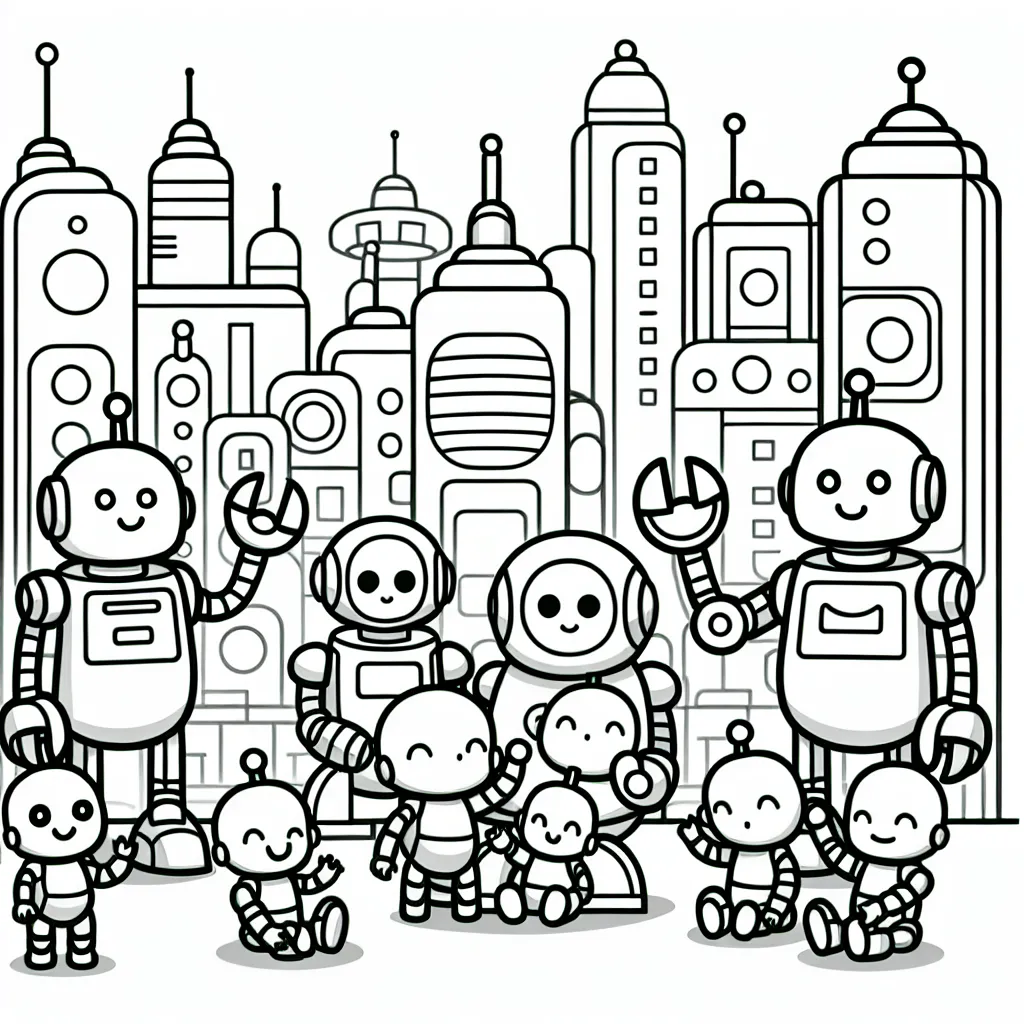 Un groupe de robots amicaux vivant dans une ville futuriste