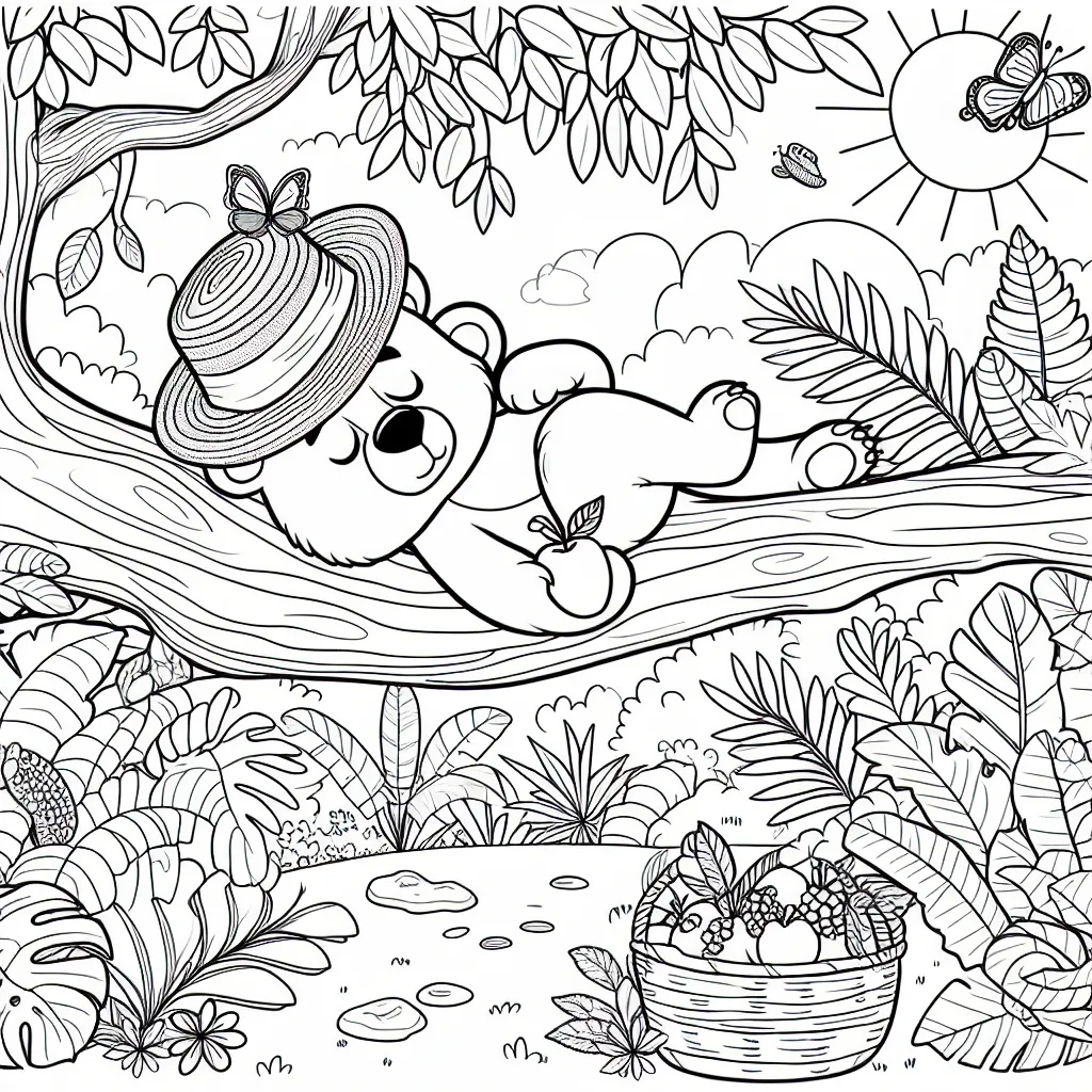 Un beau jour d'été, un ours paresseux se réveille lentement sur une branche d'arbre, dans une forêt luxuriante remplie de plantes exotiques, avec un chapeau de paille sur la tête, une pomme à la main et un papillon qui se pose sur son nez