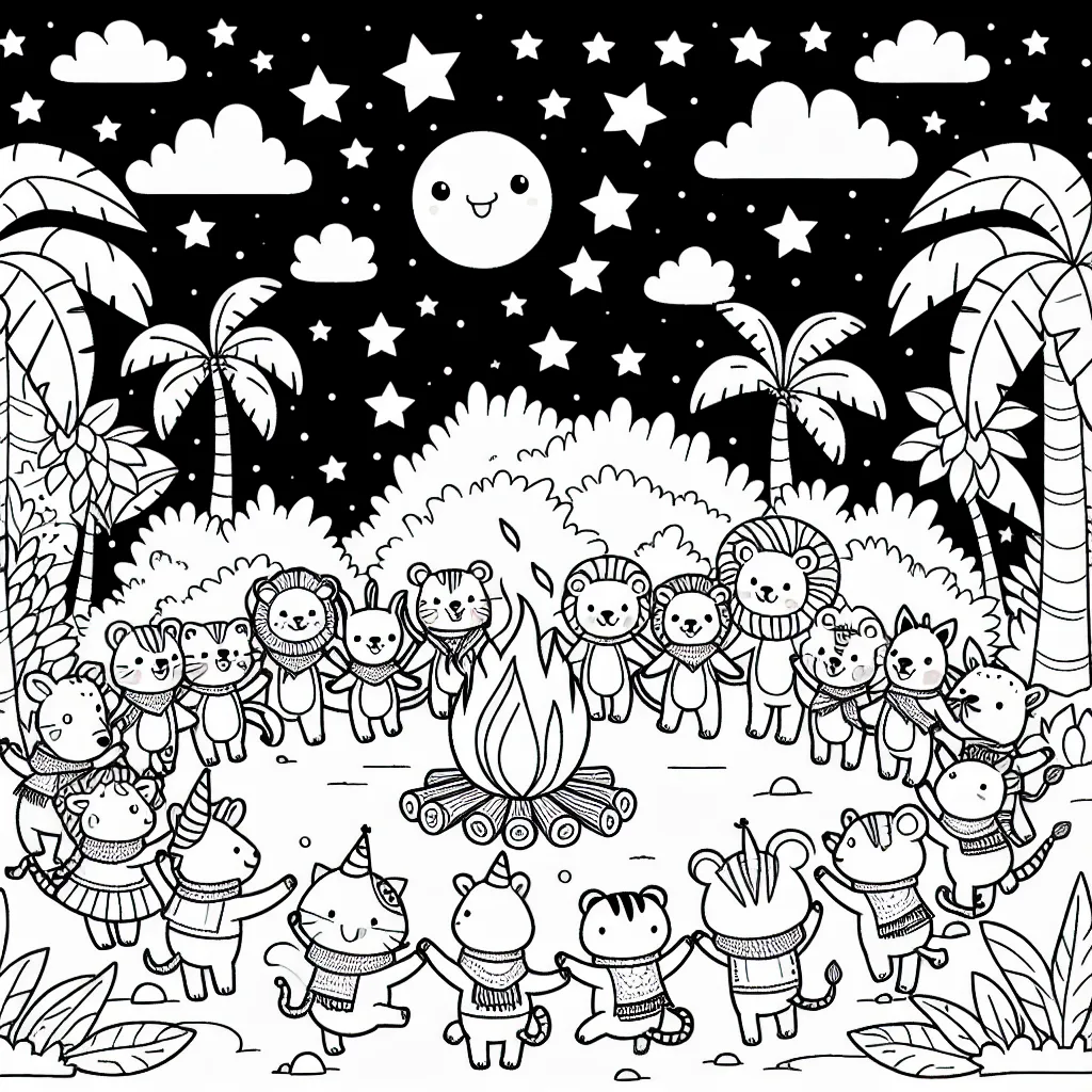 Amuse-toi à colorier ce joyeux cortège d'animaux de la jungle dansant autour d'un grand feu de camp sous une voûte étoilée!