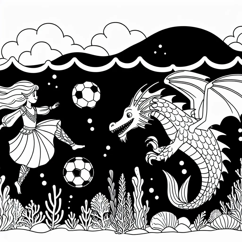 Dessinez une sirène et un dragon jouant un match de football sous l'eau