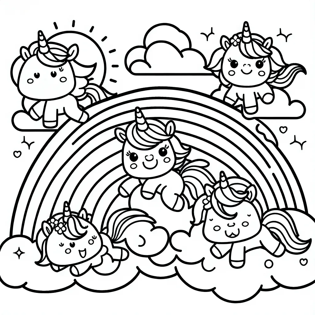 Un groupe de licornes joyeuses qui jouent sur un arc-en-ciel pendant une journée ensoleillée