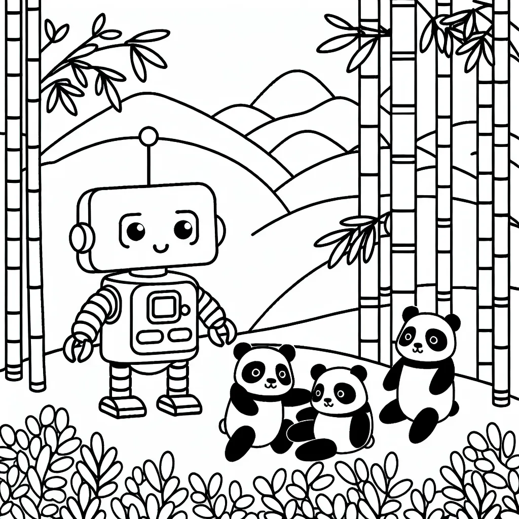 Sur une petite colline, un robot amical joue avec des pandas dans une forêt de bambous multicolores