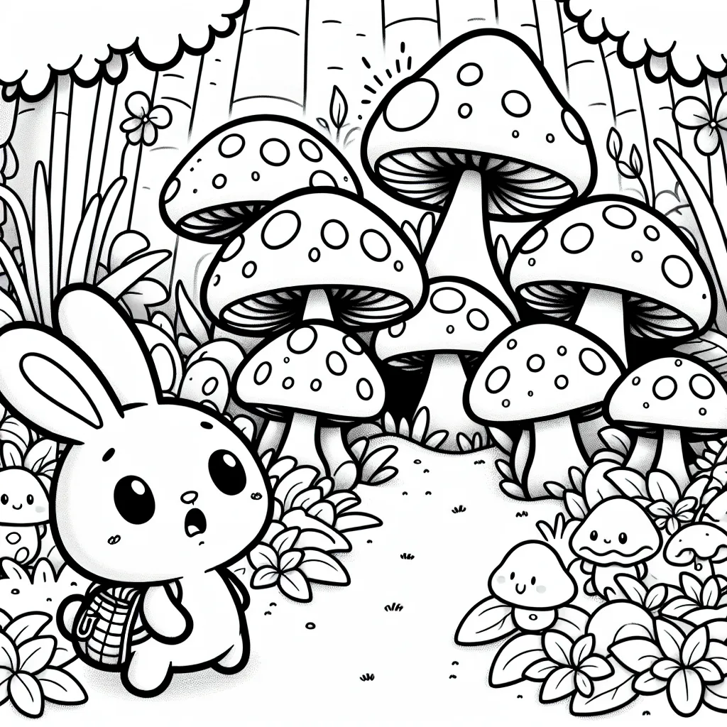 Imagine le petit lapin Timmy explorant un mystérieux royaume des champignons. Il y rencontre des créatures étranges et enchantées, cachées parmi les champignons touffus.