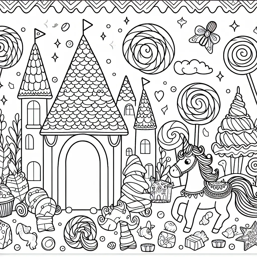 Une scène magique du royaume des bonbons avec des créatures fantastiques, des châteaux délicieux et des licornes bonbon.