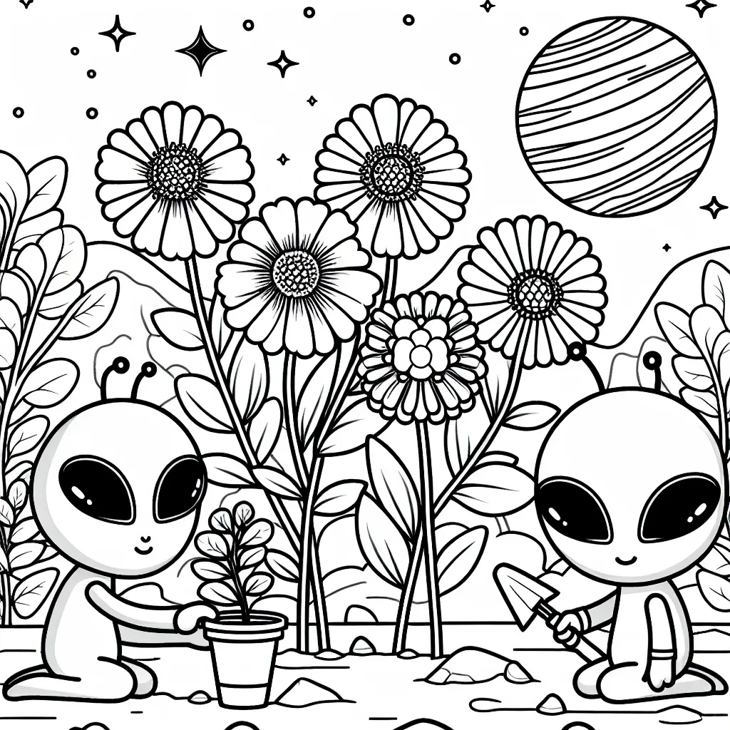 Sur une planète lointaine, deux extraterrestres amicaux plantent un jardin de fleurs spatiales rares et lumineuses.