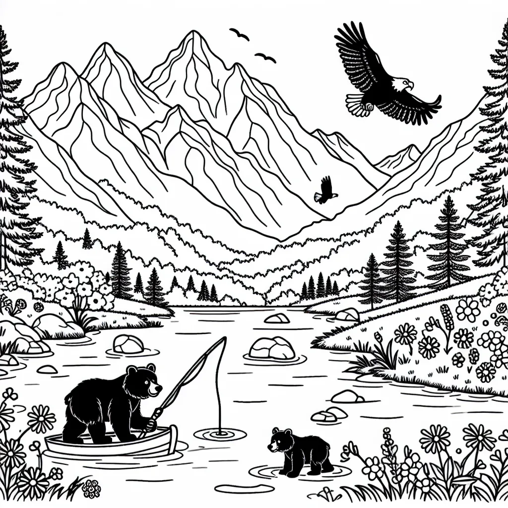 Imaginez un paysage de montagnes majestueuses avec une famille d'ours en train de pêcher dans une rivière étincelante. Au loin, un aigle survole le ciel et de jolies fleurs sauvages ornent la scène.